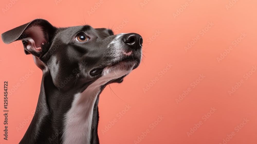 A captivating side profile of a charming dog set against a vibrant orange backdrop, showcasing its expressive features and delightful personality. A captivating side profile of a charming dog set against a vibrant orange backdrop, showcasing its expressive features and delightful personality.