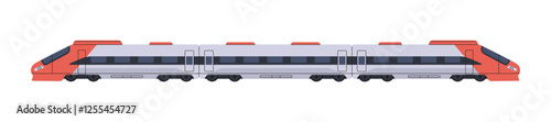 Bullet train side view. Modern high speed passenger railroad transport with carriages. Fast electric railway locomotive with wagons. Rail travel. Flat isolated vector illustration on white background