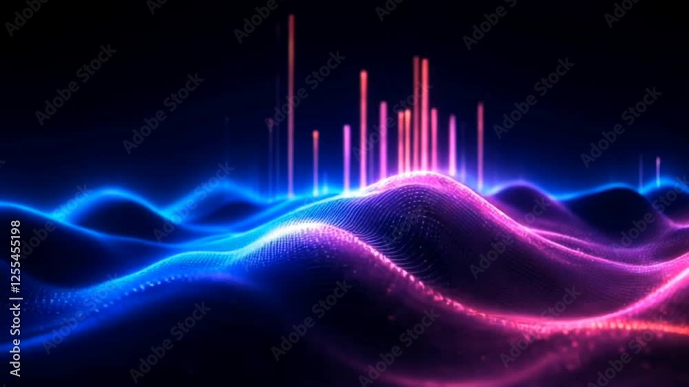 Glowing neon data waves forming abstract sound visualization in digital cyber space. Technology concept