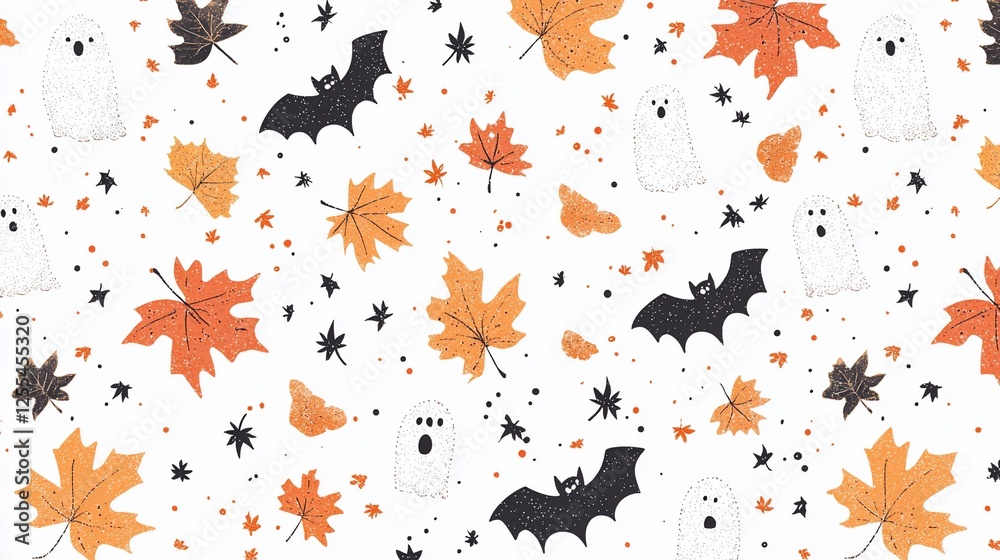 Fototapeta premium Autumn Halloween pattern ghosts, bats, leaves. Website background