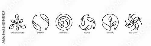 Sustainable Synergy Icon Set Isolated Vector With Icon Of Green Harmony, Synergy, Ecosystem, Recycle, Renewal, Eco Unity In Outline Style