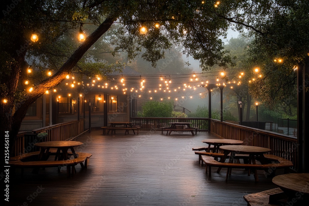 Obraz premium Outdoor gathering space illuminated by string lights during foggy evening in a serene location