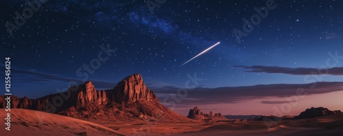 Majestic night sky over desert landscape with shooting star and milky way