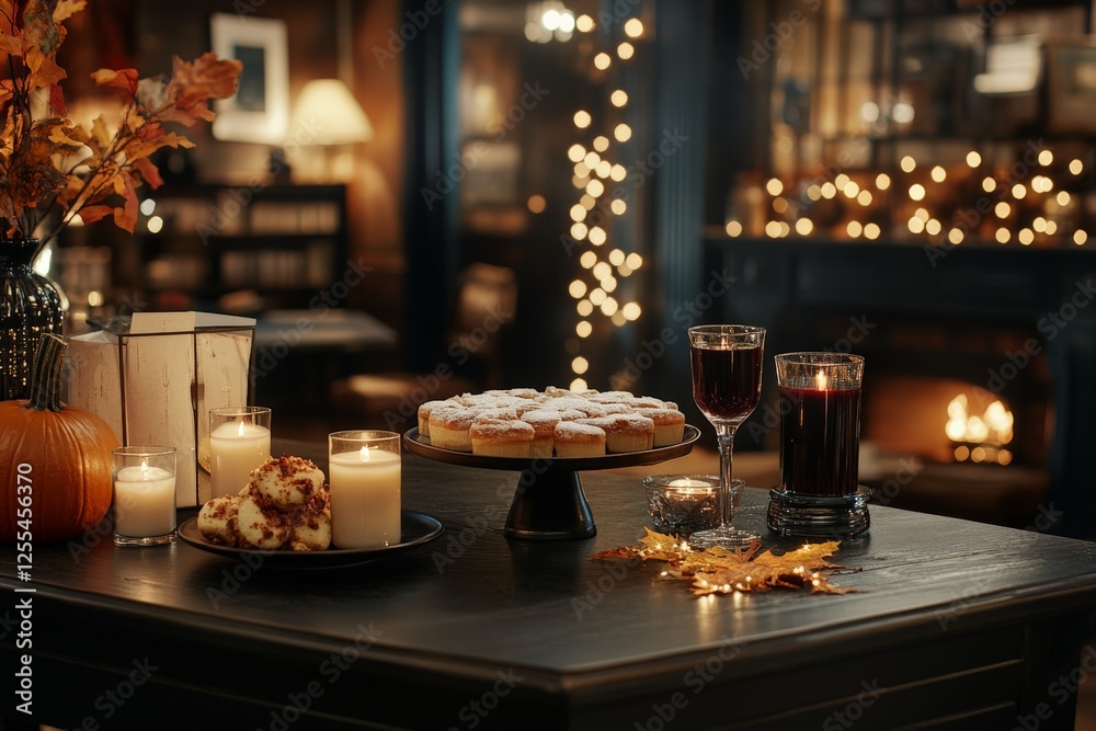 Cozy autumn gathering featuring treats and warm drinks in a decorated room Cozy autumn gathering featuring treats and warm drinks in a decorated room