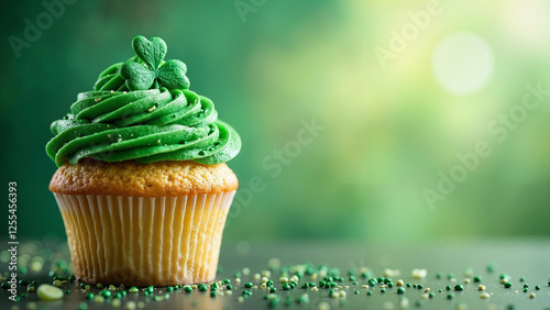 Vibrant Green Cupcake for Saint Patrick's Day with Festive Sprinkles – Ideal for Advertising, Social Media, Event and Recipe Promotions photo