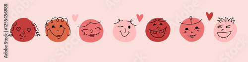 Love doodle face set. Round abstract comic faces with various emotions. Different colorful characters. Flat design. Groovy lovely funny faces stickers. Love concept. Happy Valentines day. Vector.
