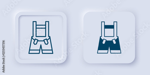 Filled and outline Lederhosen icon isolated on grey background. Traditional bavarian clothing. Oktoberfest outfit. Pants with suspenders. Patrick day. Square button. Vector