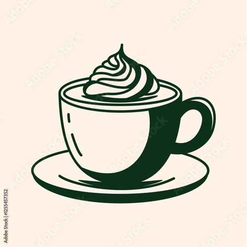 A steaming cup of coffee topped with whipped cream sits on a saucer, hand drawn style