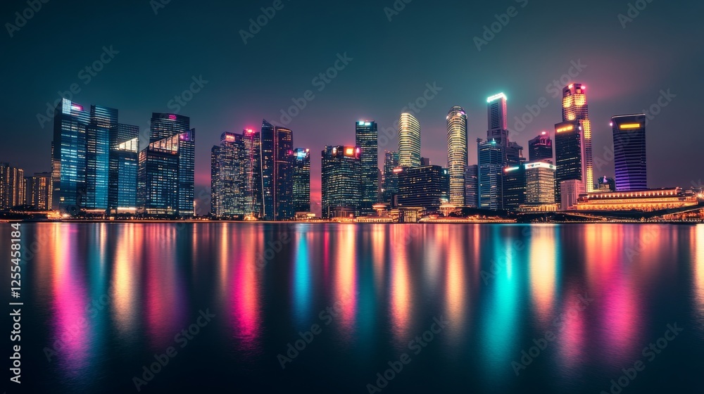 Obraz premium Breathtaking futuristic cityscape with neon lights and digital code blending tech and architecture