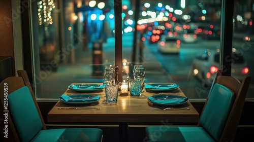 Restaurant window table night view, dining experience, city lights photo