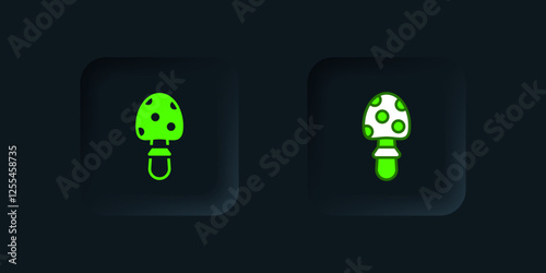 Green Amanita muscaria or fly agaric hallucinogenic toadstool mushroom icon isolated on black background. Spotted poisonous mushroom. Black square button. Vector