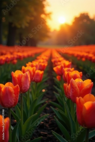 Warm light dances across the tulip rows at dusk, orange, tulips, warm