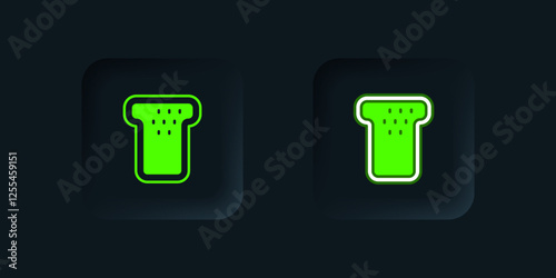 Green Bread toast for sandwich piece of roasted crouton icon isolated on black background. Lunch, dinner, breakfast snack. Black square button. Vector