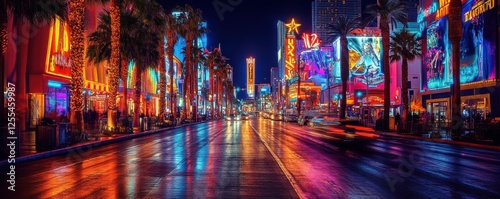 Vibrant nightlife on the las vegas strip with neon lights and palm trees