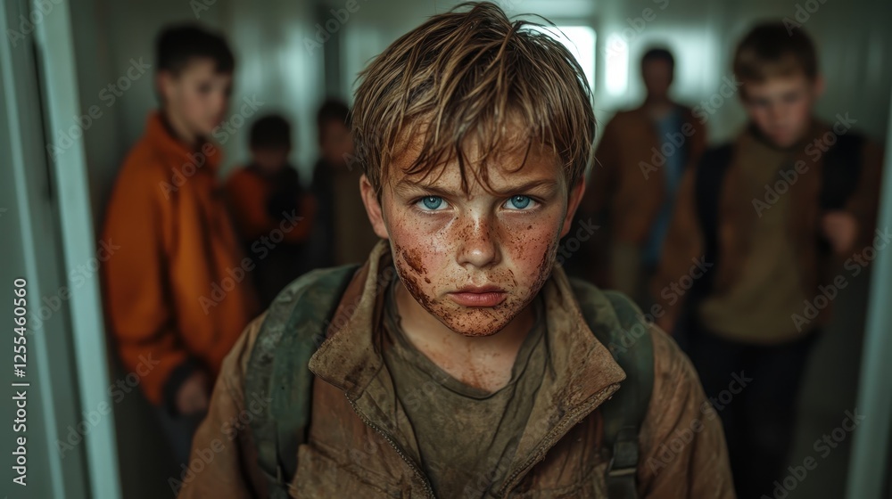 An assertive child walks confidently through a hallway filled with peers, dirt on his face symbolizes a life of struggle, yet his strong posture captures an inspiring presence. An assertive child walks confidently through a hallway filled with peers, dirt on his face symbolizes a life of struggle, yet his strong posture captures an inspiring presence.