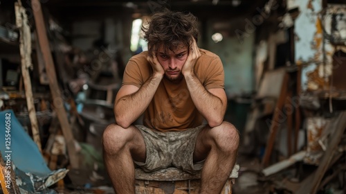 Wallpaper Mural In a desolate setting, a young man sits with his hands on his head, expressing overwhelming emotions, capturing the essence of isolation and despair in urban degradation. Torontodigital.ca