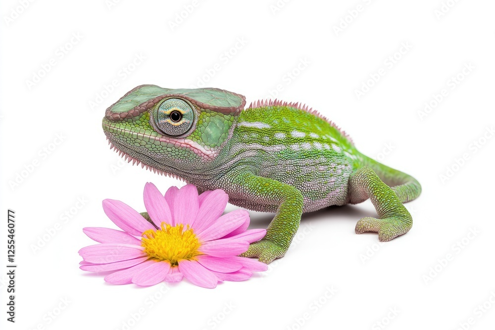 Fototapeta premium Colorful chameleon-like reptile resting beside a vibrant pink flower on white background