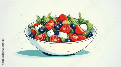 Greek salad with fresh vegetables, feta cheese, and olives on a white plate, vibrant colors, Mediterranean cuisine, illustrated style, book illustration.
