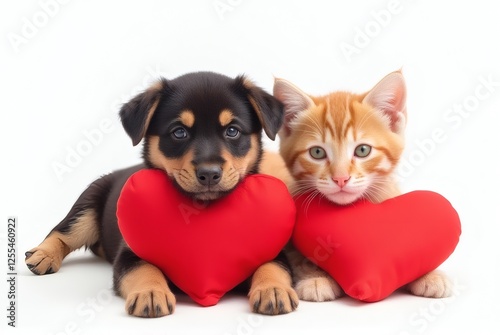 Puppy and Kitten with Red Hearts