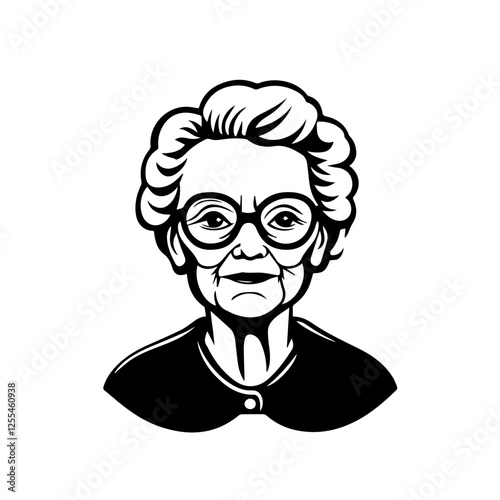 Black and white illustration of an elderly woman. Pensioner woman. Grandmother.