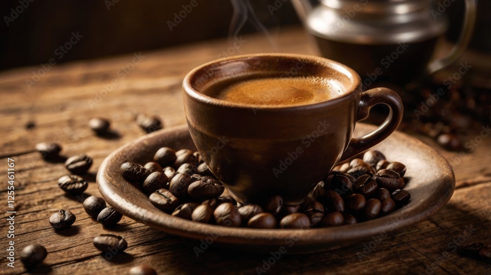 Coffee cup with steam on a rustic wooden table in natural light setting Coffee cup with steam on a rustic wooden table in natural light setting