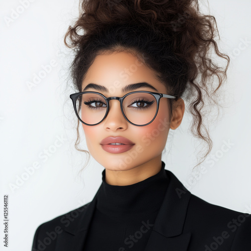 Stylish biracial woman wearing cat-eye glasses poses confidently against a white background