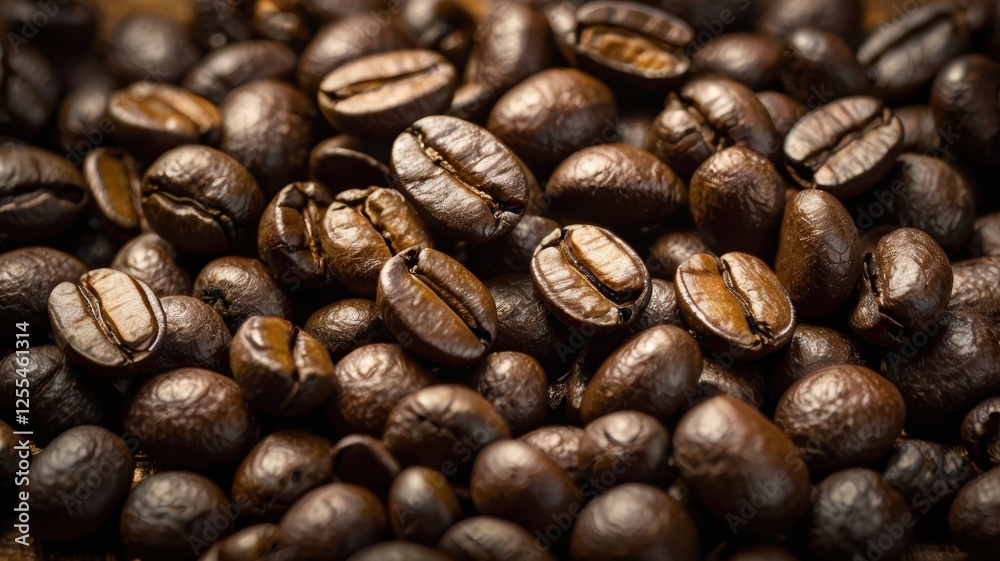 Close-up view of a pile of roasted coffee beans on a wooden surface Close-up view of a pile of roasted coffee beans on a wooden surface