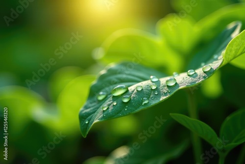 Water drops cling to the underside of a sunlit leaf, plant life, microgreens, foliage