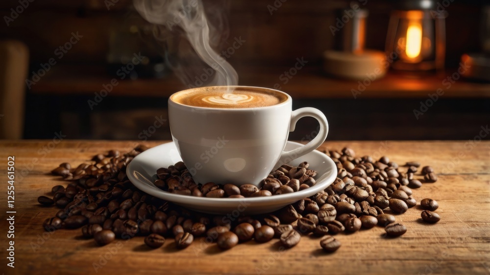 Coffee cup with steam rising on rustic wooden table background Coffee cup with steam rising on rustic wooden table background