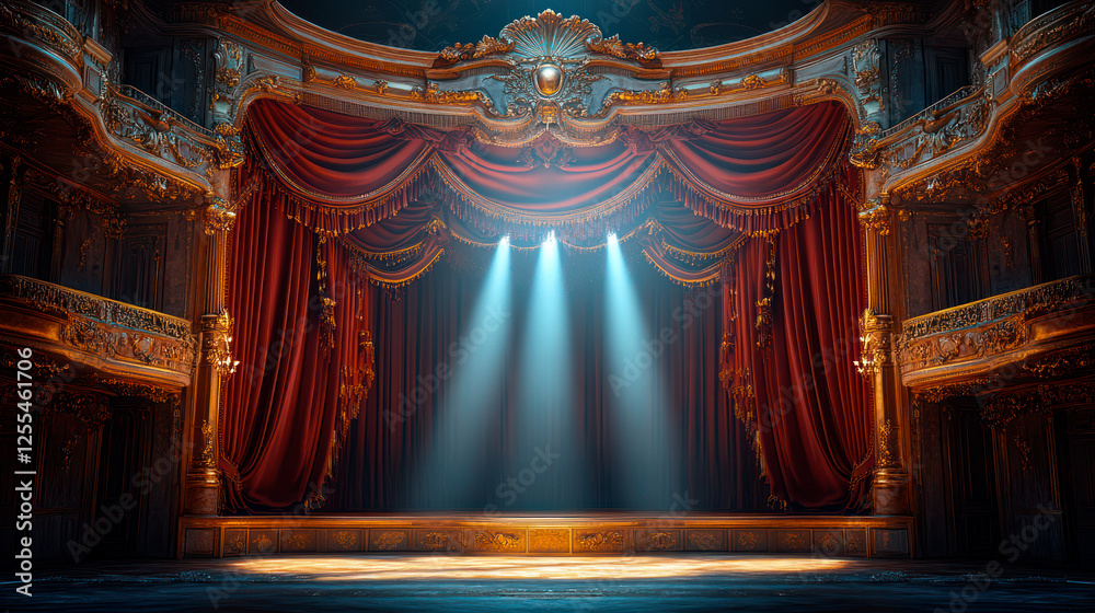 Fototapeta premium Classic theatre interior with heavy velvet red curtains