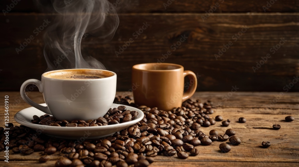 Coffee cup and beans placed on a rustic wooden table setting for coffee lovers and enthusiasts Coffee cup and beans placed on a rustic wooden table setting for coffee lovers and enthusiasts
