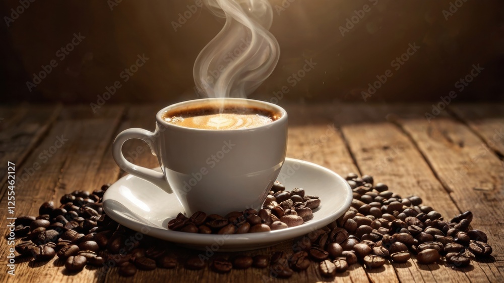 Coffee cup with steam rising on wooden table in cozy setting with warm lighting Coffee cup with steam rising on wooden table in cozy setting with warm lighting