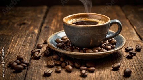 Cup of coffee placed on a rustic wooden table with natural light highlighting the surface and drink