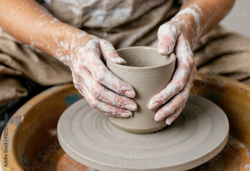 closeup of female potters hand making earthen pot on pottery wheel