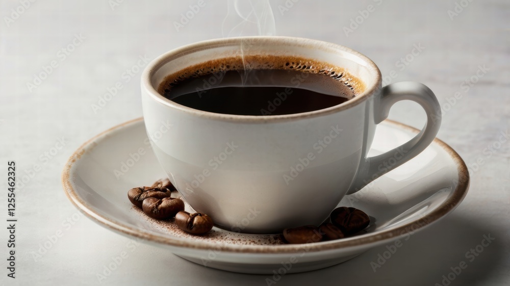 Cup of coffee with scattered coffee beans on a white table surface Cup of coffee with scattered coffee beans on a white table surface