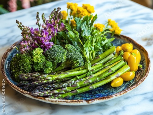 A vibrant spring vegetable platter with asparagus, broccoli, and seasonal greens, arranged artfully on a ceramic plate