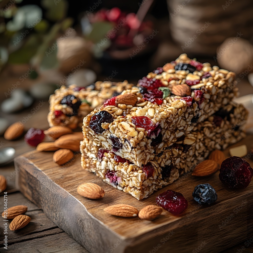 Fototapeta premium Delicious homemade granola bars with dried cranberries and almonds on rustic wooden board