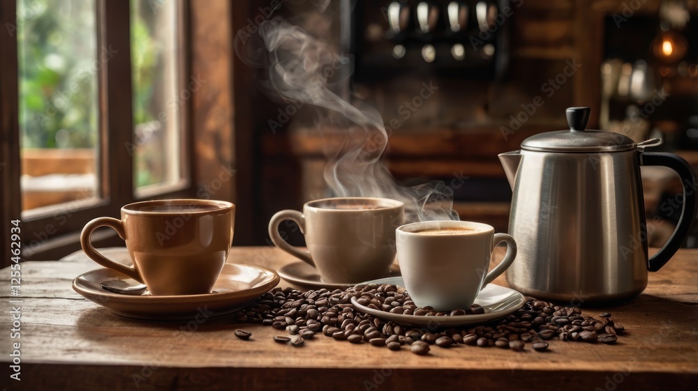 Cup of coffee and a cup of tea placed on a wooden table with a cozy atmosphere in a cafe setting Cup of coffee and a cup of tea placed on a wooden table with a cozy atmosphere in a cafe setting