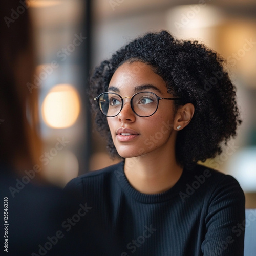 Engaging conversation in a modern cafe with a young woman wearing glasses and relaxed attire