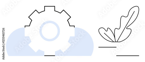 Gear emerging from cloud with a nearby leaf. Ideal for digital innovation, tech evolution, eco-friendly solutions, environmental tech, cloud computing, sustainability concepts, nature and tech blend