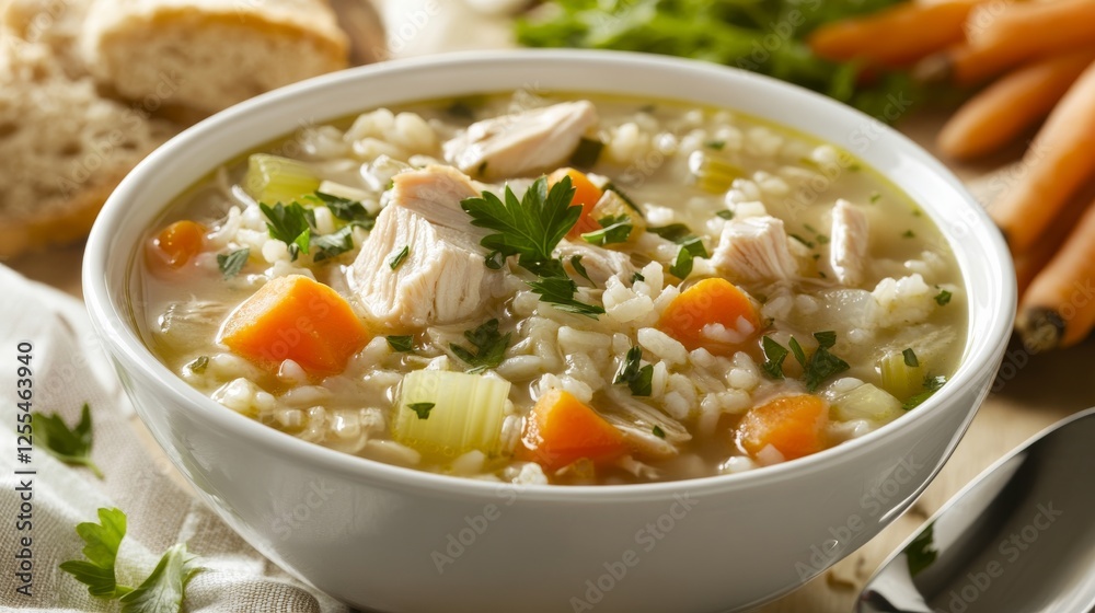 Chicken and rice soup with vegetables, parsley, and white bowl. Emphasizing comforting and nourishing nature, ideal for soup recipes and wholesome meals with a warm presentation. Chicken and rice soup with vegetables, parsley, and white bowl. Emphasizing comforting and nourishing nature, ideal for soup recipes and wholesome meals with a warm presentation.