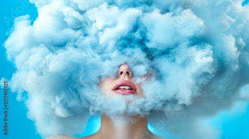 Beautiful young woman with white cloud engulfing her head. Studio shot on blue background. Brain fog concept