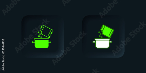 Green Cooking pot and spice icon isolated on black background. Boil or stew food symbol. Black square button. Vector