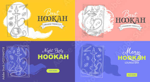 Hand-drawn hookah set. Tobacco leaves, hookah banner background