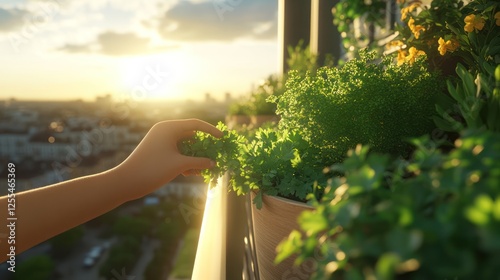 Urban Balcony Herb Garden Sunset Care photo