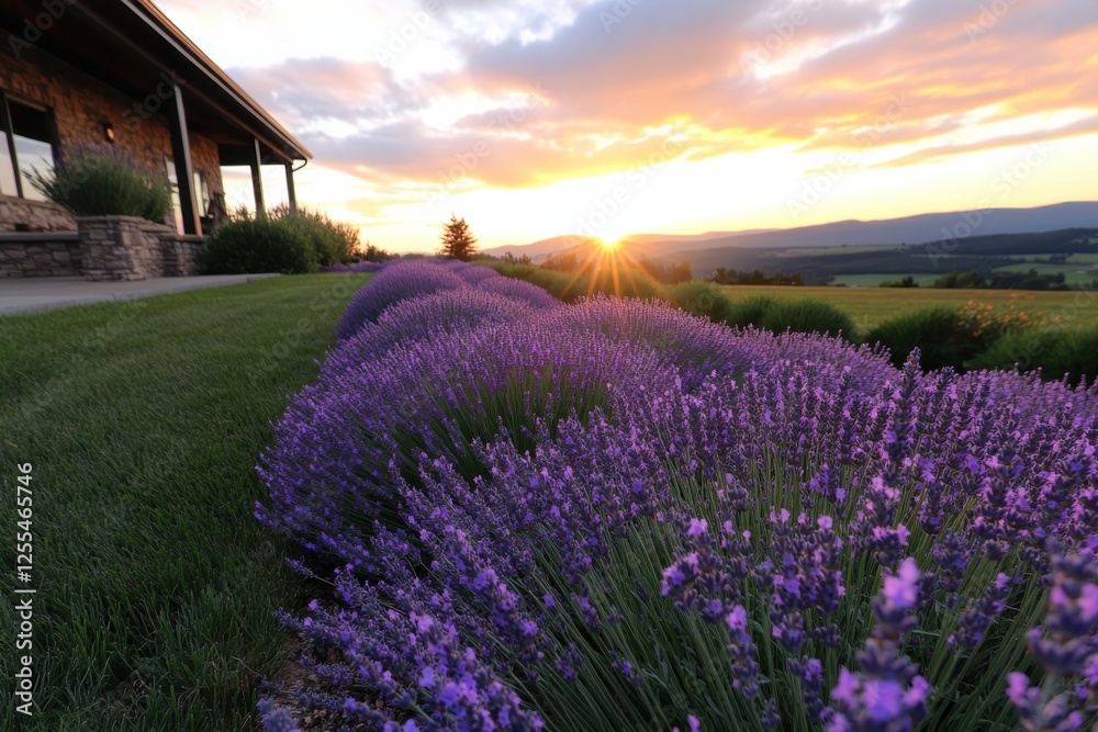 Fototapeta premium A breathtaking view of vibrant lavender fields stretching under a stunning sunset, showcasing nature's beauty and tranquil landscapes filled with colors.
