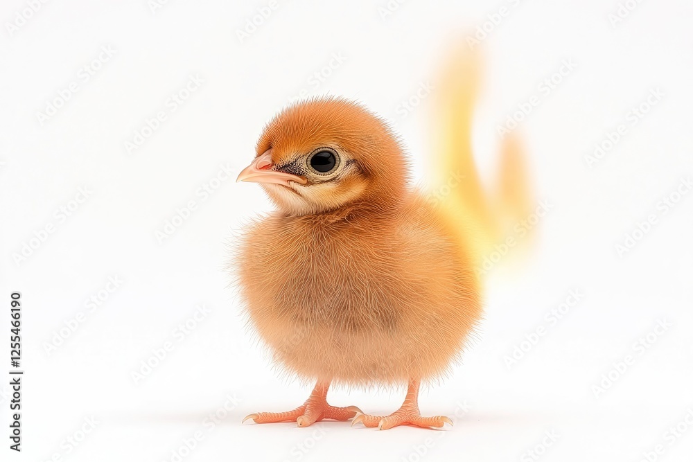 Obraz premium Adorable fluffy chick standing against a white background with soft lighting