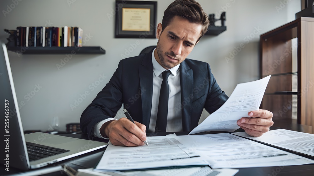 Serious Businessman Reviewing Important Financial Documents at Desk in Modern Office Setting Professional Corporate Businessperson Working Hard on Paperwork Concentrated Executive Analyzing Data tie Serious Businessman Reviewing Important Financial Documents at Desk in Modern Office Setting Professional Corporate Businessperson Working Hard on Paperwork Concentrated Executive Analyzing Data tie