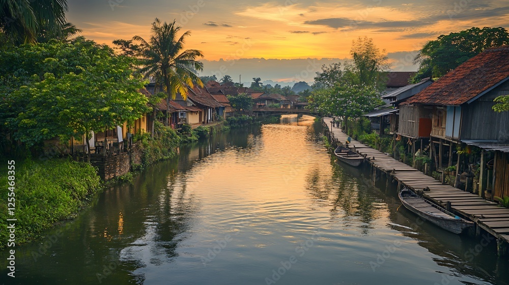 Fototapeta premium Serene Sunrise over the Picturesque Canal Village in Vietnam: A Golden Hour Reflection