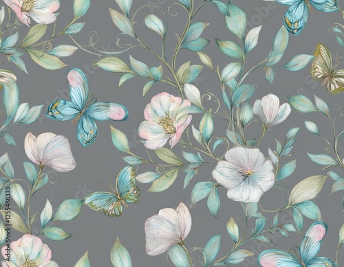 Wallpaper Mural floral watercolor seamless pattern with delicate abstract flowers buds leaves on branches and butterflies floral design illustration in vintage style for textile or wallpapers on grey background Torontodigital.ca